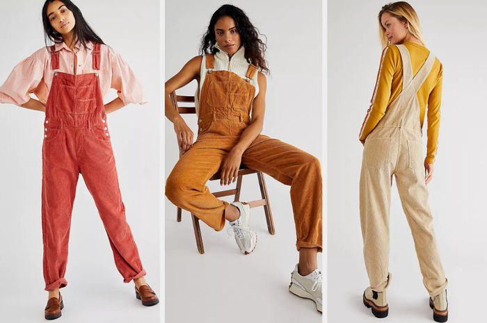 Three models showcasing Free People overalls
