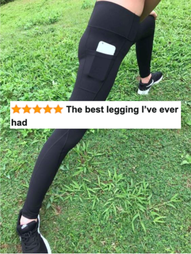 A reviewer performing lunges in the leggings, holding a phone in the side pocket, with a five-star review caption: