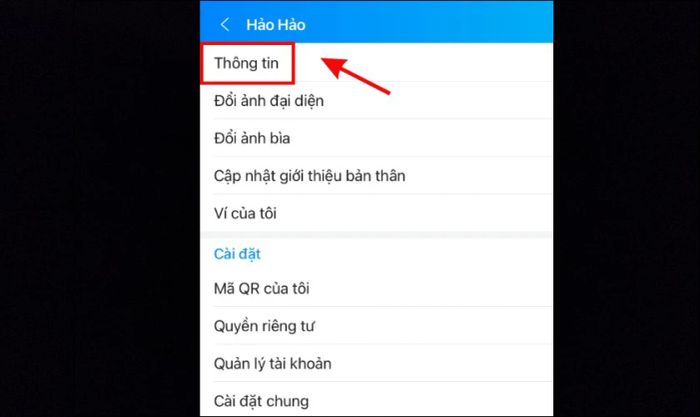 Chọn mục Thông tin trong danh sách các tùy chọn trên giao diện vừa hiển thị