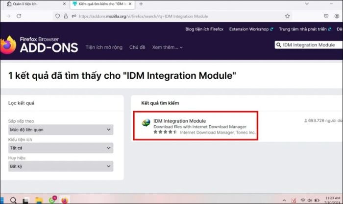 Nhấp chọn tiện ích mang tên IDM Integration Module