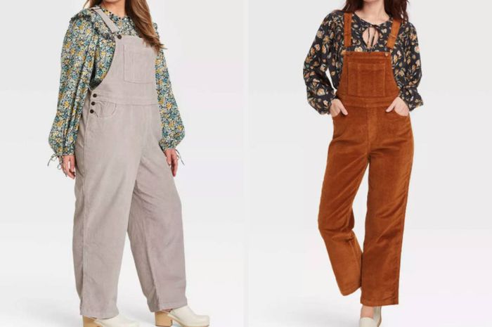 Models showcasing two pairs of overalls