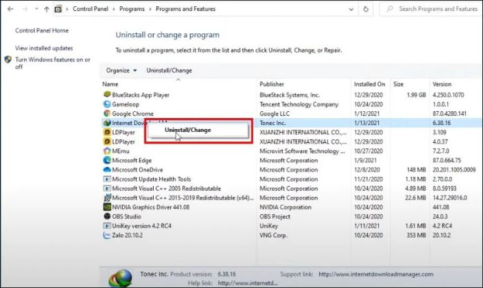 Tại đây, tìm phần mềm Internet Download Manager và tiến hành gỡ cài đặt