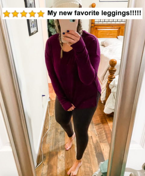 A reviewer in plain black leggings with a five-star Amazon caption: