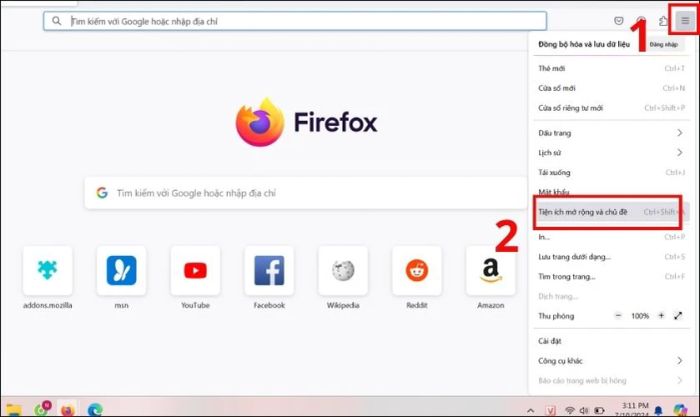 Nhấn chọn Tiện ích mở rộng và chủ đề