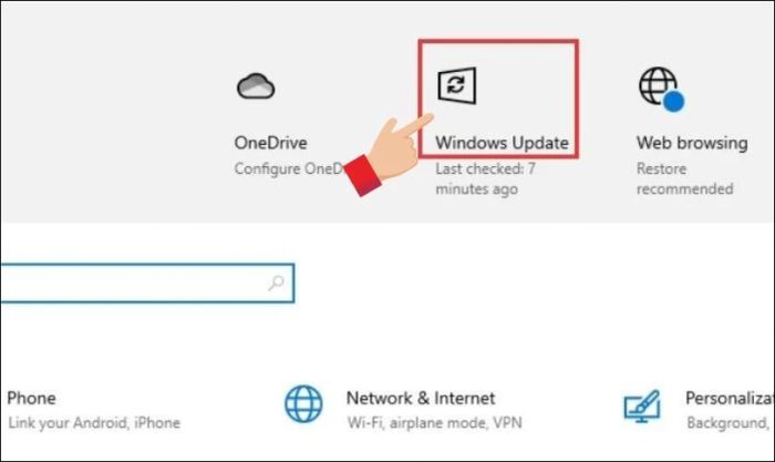 Trong cửa sổ Settings, chọn Windows Update