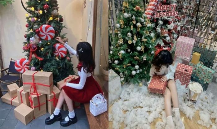 Chụp ảnh bên hộp quà dễ thương chào đón Giáng Sinh