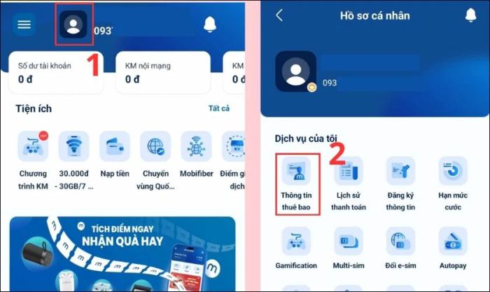 Tìm kiếm và kiểm tra thông tin trên ứng dụng My MobiFone để xác nhận cập nhật thông tin thuê bao