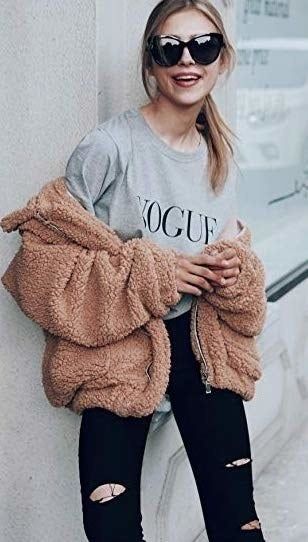 a model wearing the fuzzy jacket
