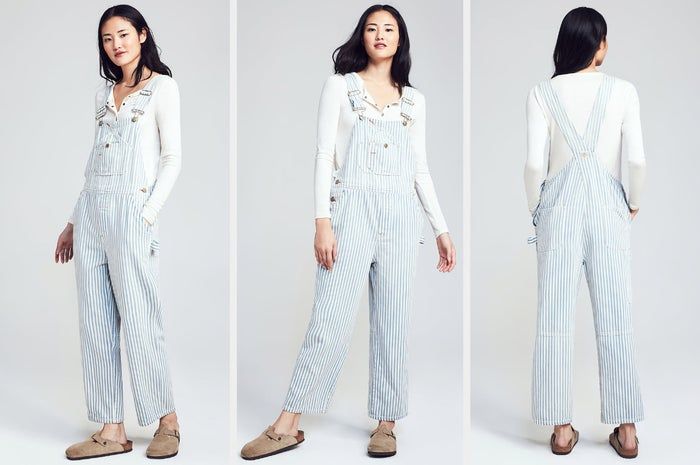 Three photos showcasing the model in the organic cotton overalls