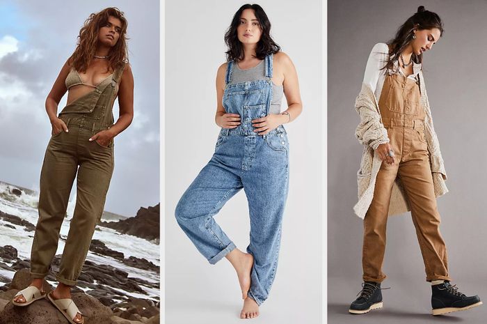 Three photos featuring models styling overalls