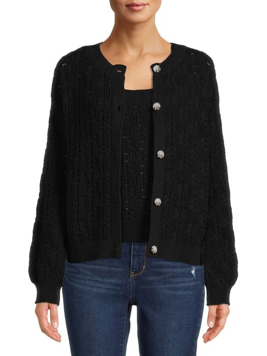 Model wearing a matching black cardigan and top with denim pants