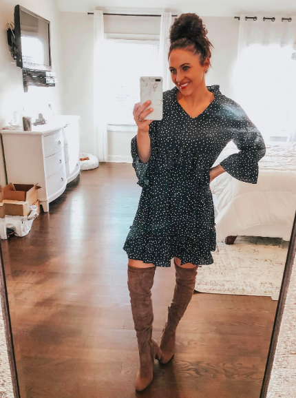 A customer review snapshot of the ruffled-hem dress in green