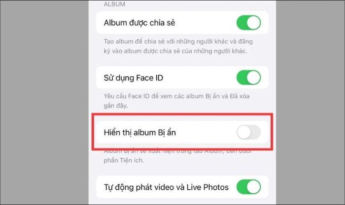 Kéo thanh gạt ở mục Album bị ẩn sang trái để tắt hiển thị