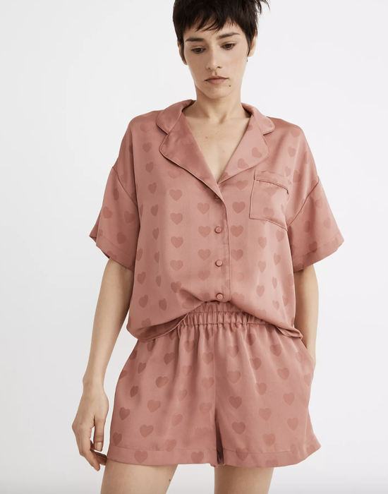 a model wearing the Heart Jacquard Oversized Pajama Shirt and Shorts