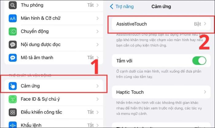 Chọn phần Cảm ứng và nhấn vào AssistiveTouch