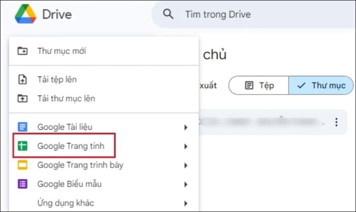 Trong danh sách các tùy chọn, chọn mục Google Trang tính