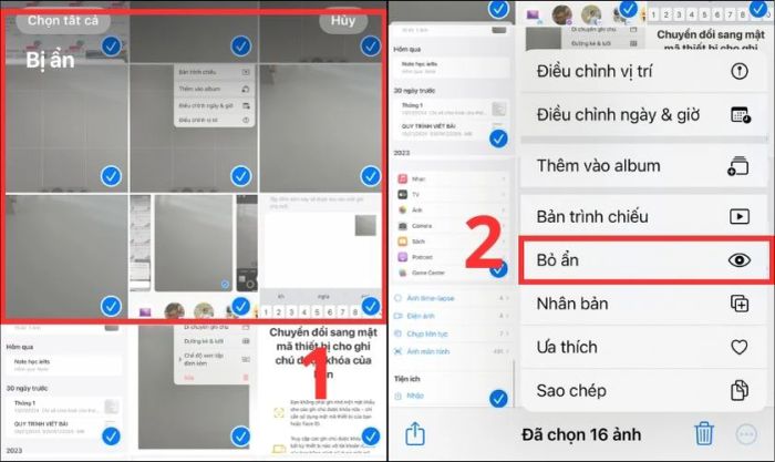 Chọn hình ảnh muốn hiển thị lại và nhấn Bỏ ẩn