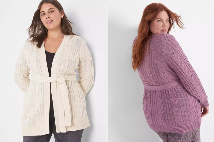 A split image shows a model wearing a white belted cable knit cardigan on the left, and the back view of another model in a pink belted cable knit cardigan on the right.