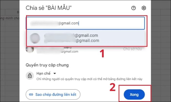 Nhập email của người mà bạn muốn chia sẻ file Sheets với