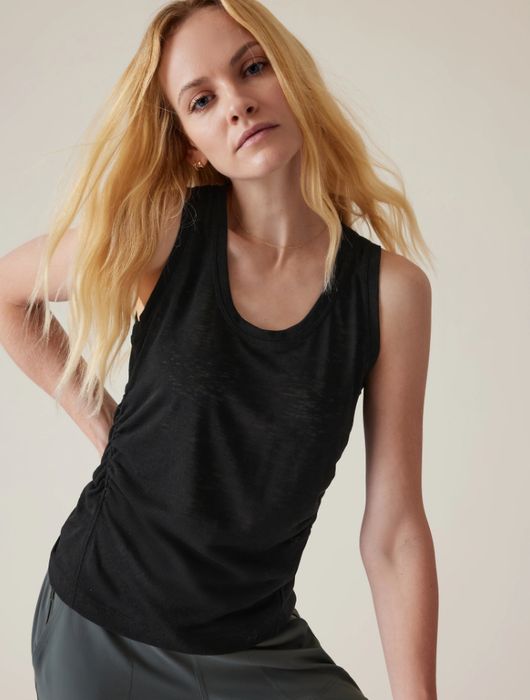 Ruched tank top worn by a model