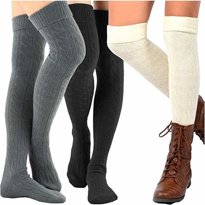 Three models showcasing knee-high cable knit socks