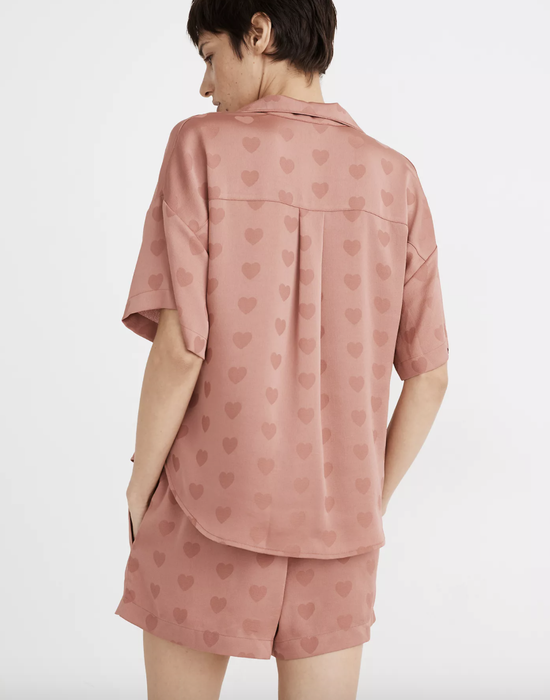 the same model showcasing the back of the Heart Jacquard Oversized Pajama Shirt and Shorts