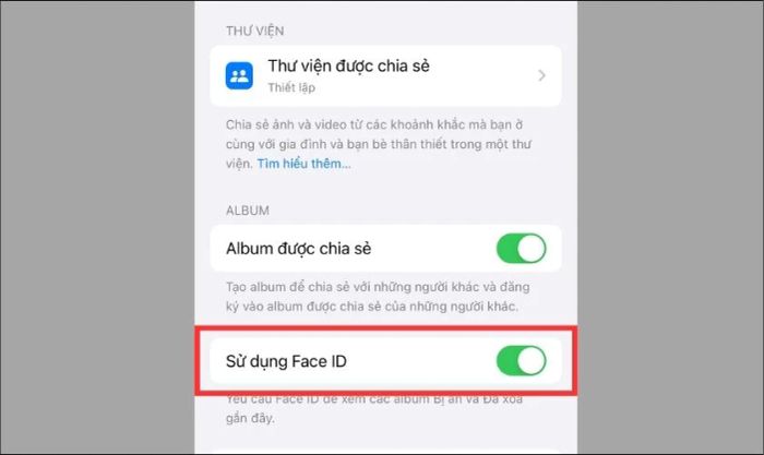 Kích hoạt Sử dụng Face ID để thiết lập bảo mật cho album ảnh Bị ẩn và Album đã xóa