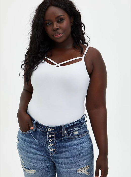 white tank featuring crisscross straps along the neckline