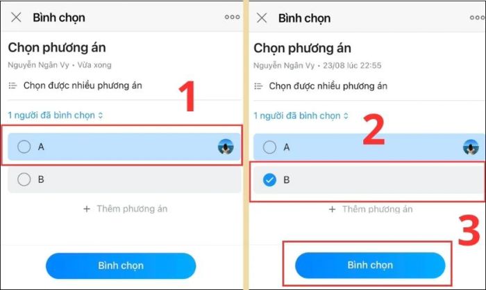Nhấn lại vào bình chọn cũ, chọn phương án khác và nhấn Bình chọn để hoàn thành