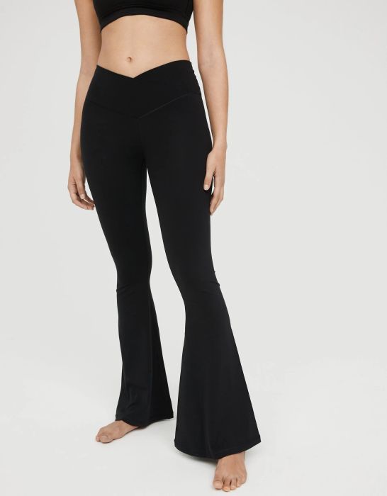 model showcasing back cross-front flare leggings