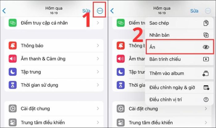 Nhấn vào biểu tượng dấu ba chấm như hình minh họa và chọn tùy chọn Ẩn