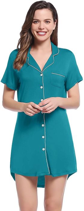 a model wearing the teal Amorbella Women's Short Sleeve Nightgown