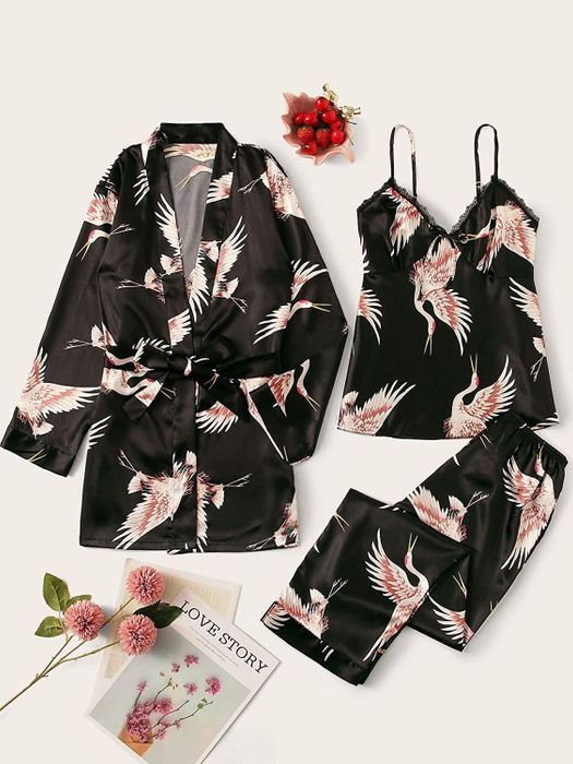 the black WDIRARA Women's Sleepwear 3-piece Leaf Print Pajama Set displayed flat