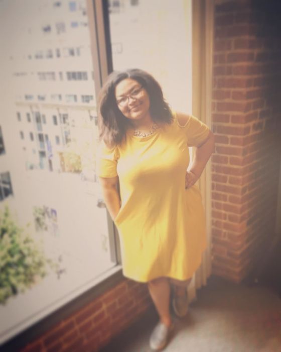 reviewer modeling the dress