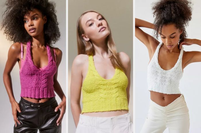 Models are seen wearing a stylish cable-knit sweater tank top in a variety of pastel shades: pink, yellow, and white.
