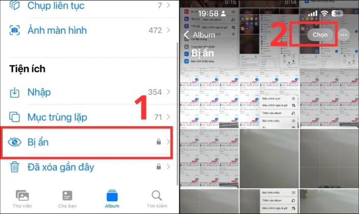 Kéo xuống dưới và chọn mục Bị ẩn để xem lại ảnh
