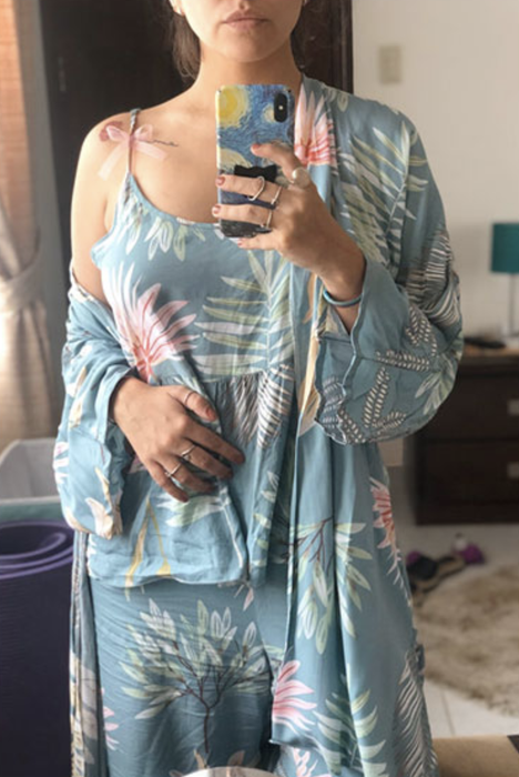 a model captures a mirror selfie while wearing the green WDIRARA Women's Sleepwear 3-piece Pajama Set