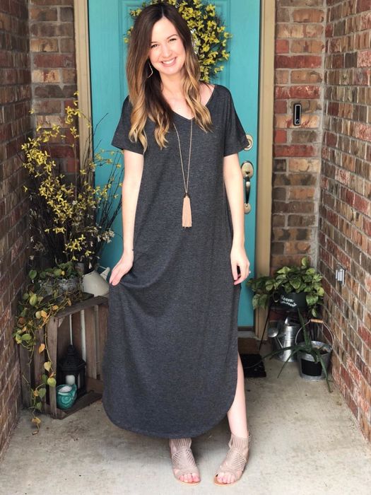 reviewer modeling the long short-sleeve dress