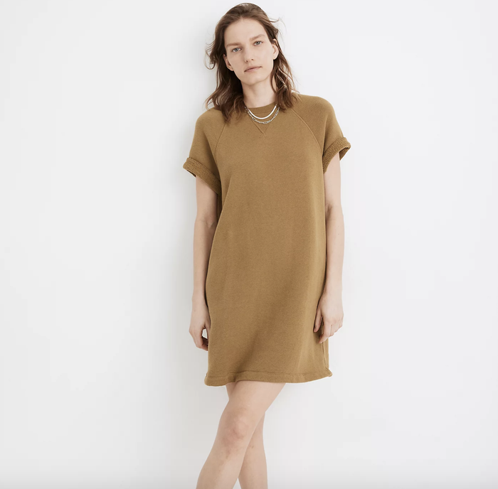 a model showcasing the MWL Airyterry Sweatshirt Tee Dress in heather moss
