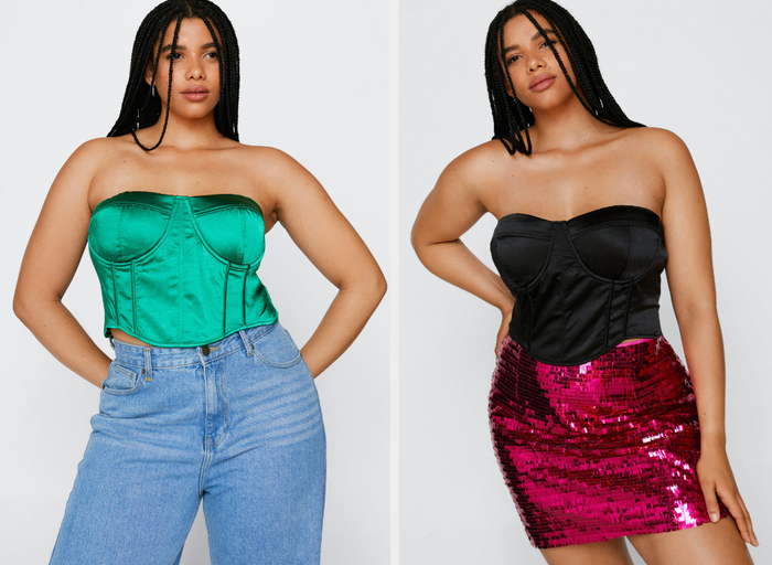 Two photos of a model wearing green and black tops