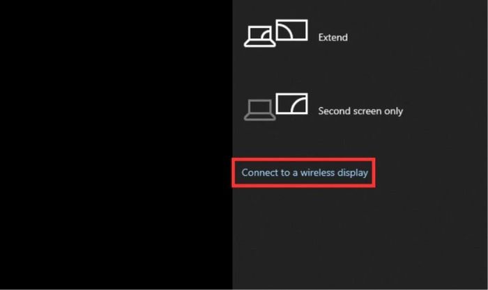 Nhấp vào Connect to a wireless display và chọn tivi cần kết nối