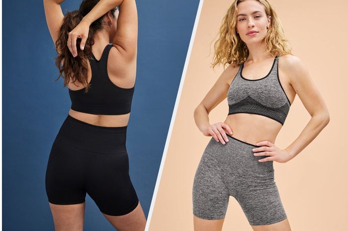 Two photos of models wearing black and gray biker shorts