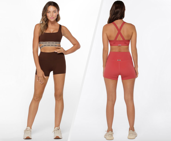 Two images of a model wearing brown and pink biker shorts