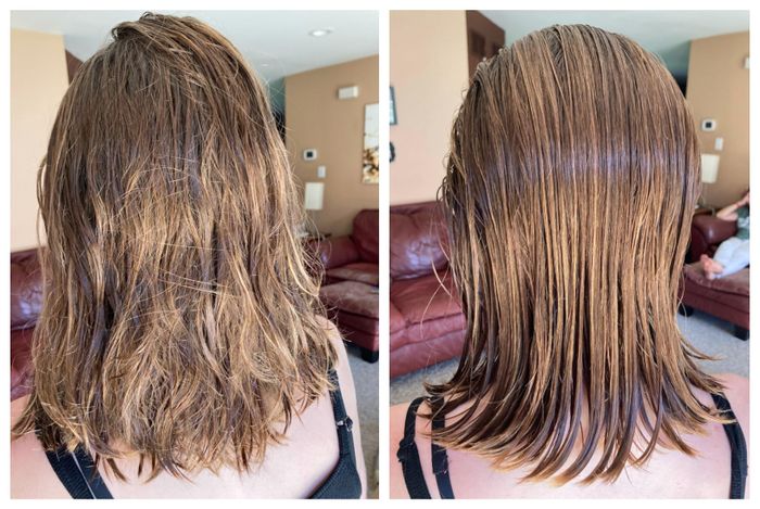 A before-and-after image showcasing the effect of using the detangling brush on the reviewer’s hair.