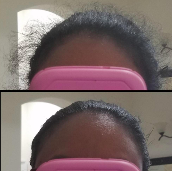 A customer review photo showing the before and after results of using the finishing stick on their hair