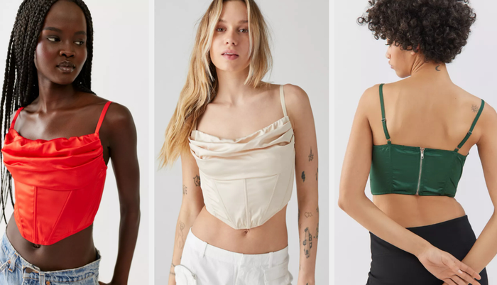 Three photos of models showcasing red, ivory, and green tops