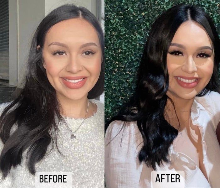 A reviewer with glossy, radiant hair after using this product