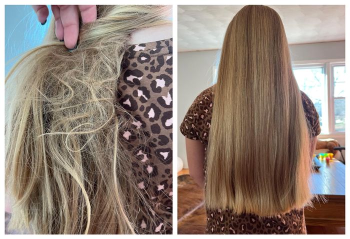 reviewer's child's hair before and after using the brush to detangle