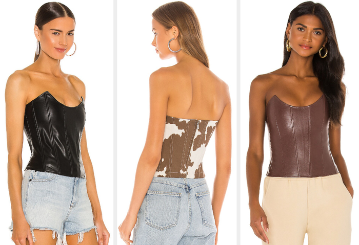 Three photos of models wearing black and brown corsets
