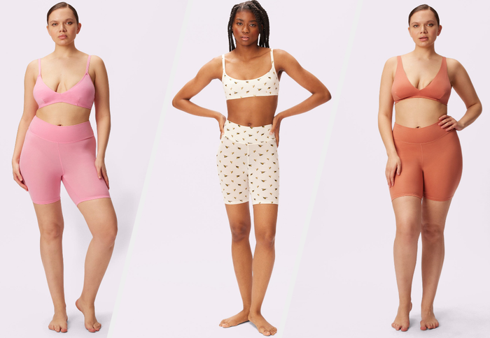 Three photos of models wearing pink, white, and orange biker shorts